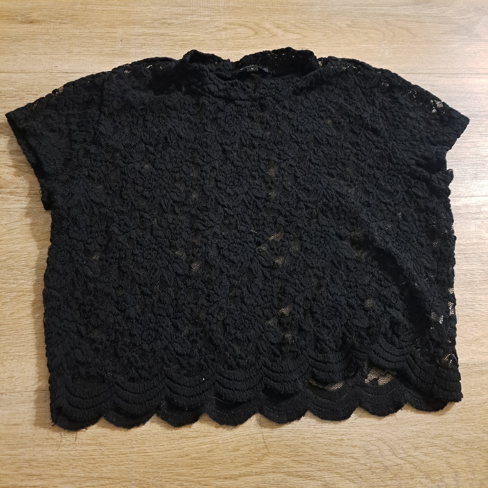 Ambiance Elegant Black Lace Crop Round Neck Top Women's Size Large